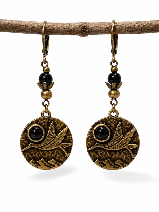 Hand Crafted Jewelry - Antique Bronze Bird Earrings Black Stone Dangle Boho Lightweight